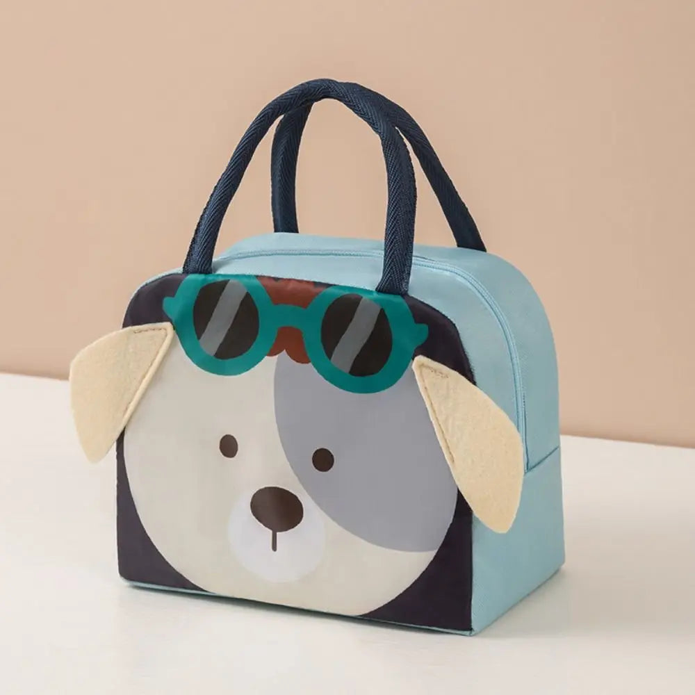 Dog-shaped kawaii lunch bag with sunglasses on a beige background