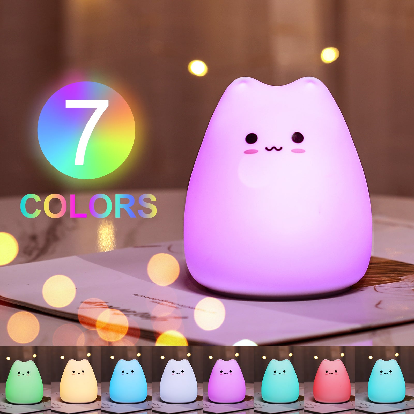 Colorful night light shaped like a kawaii cat with 7 color options displayed below.