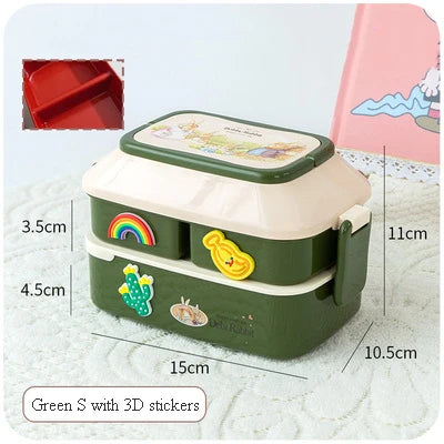 Green kawaii lunch box with 3D stickers and measurements on a light background