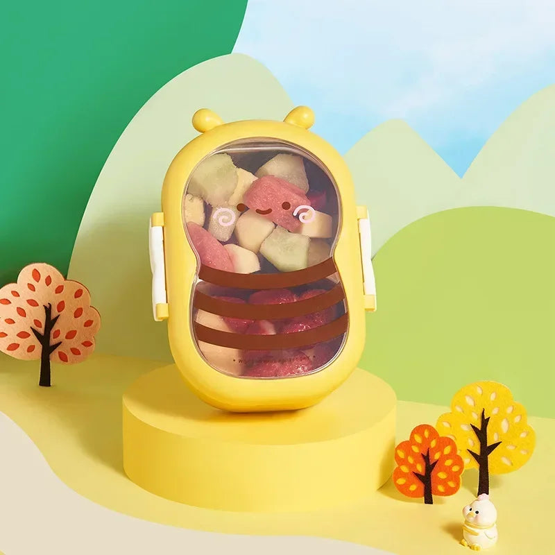 Yellow kawaii food container set against a colorful landscape background