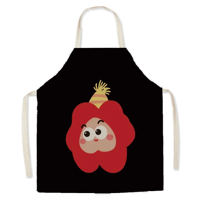 Black kawaii apron with a cartoon character face design on a white background