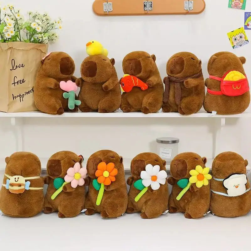 Row of brown kawaii plush toys with colorful accessories on a white shelf.