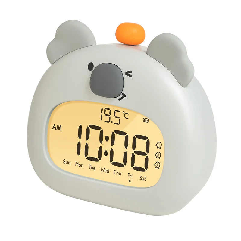 Children's kawaii alarm clock shaped like a koala with digital display on a white background