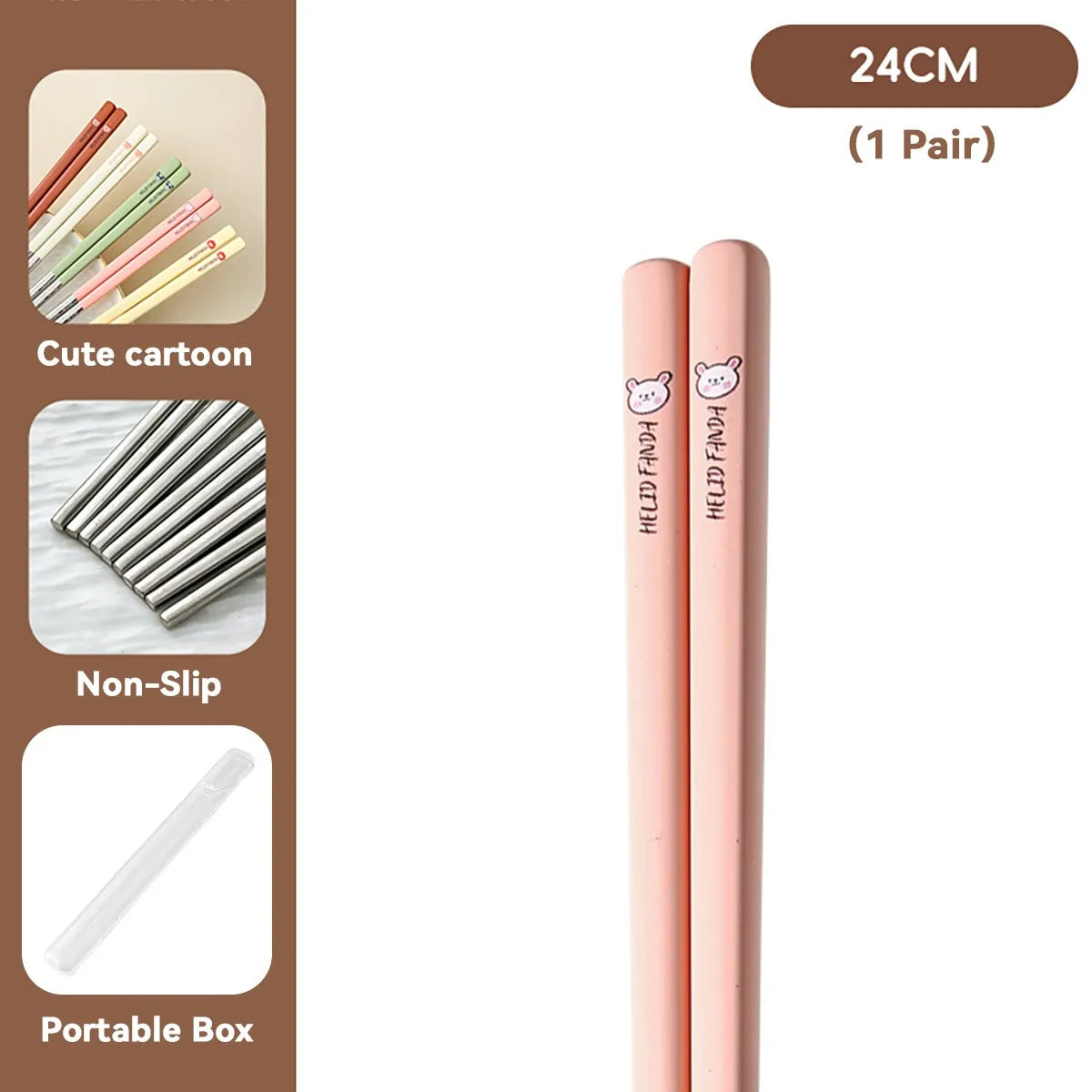 Rose gold kawaii chopsticks with packaging highlighting features like non-slip design and cartoon character.