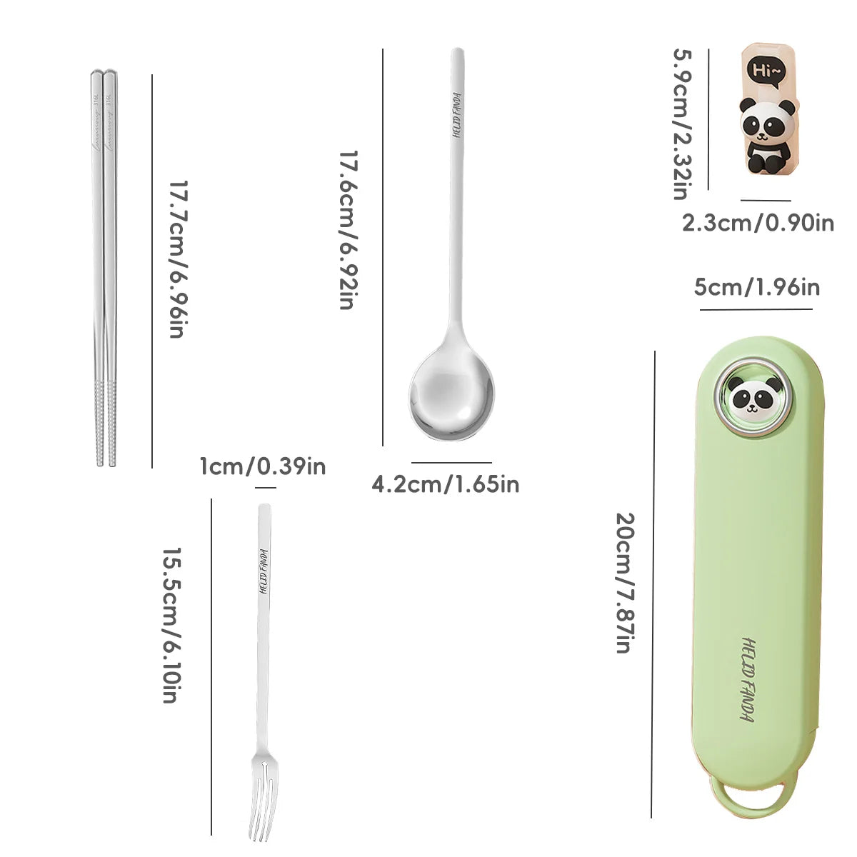 Measurement chart of a green kawaii utensils set with panda design, including straws, spoon, fork, and case.