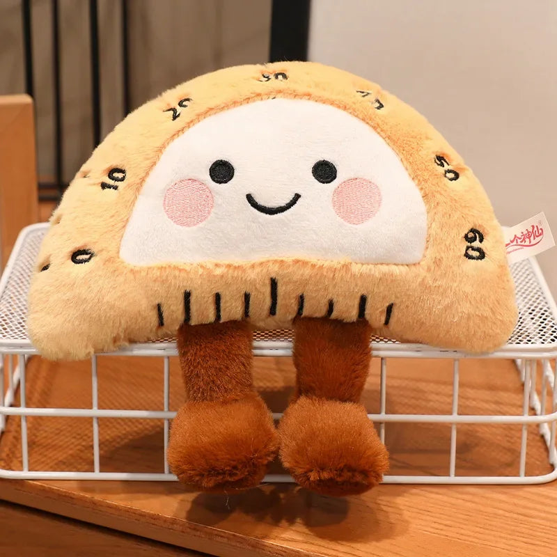 Kawaii plush toy resembling a smiley face toast on a wire rack