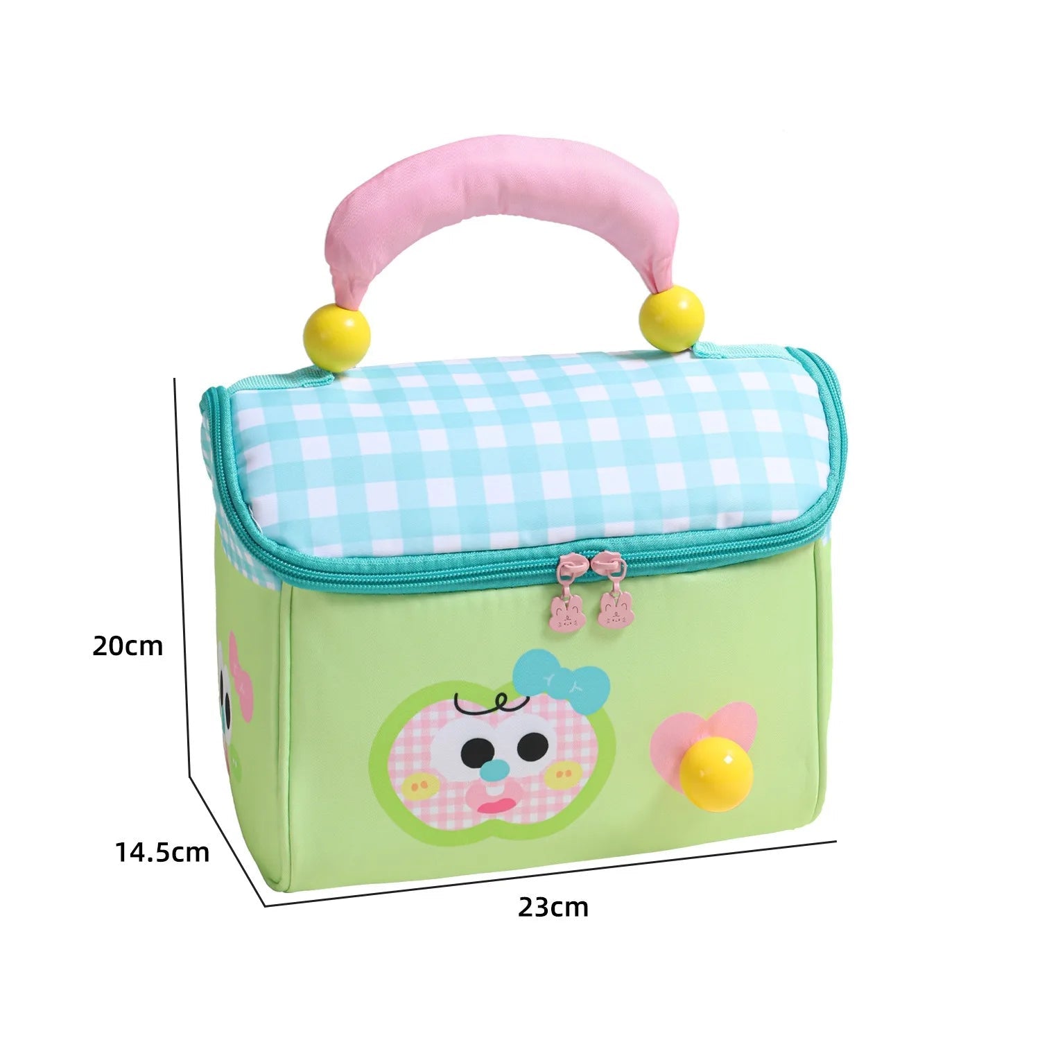 Children's kawaii lunch bag with cartoon design and measurements on a white background