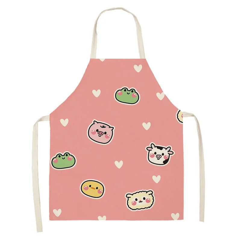 Pink kawaii apron with animal illustrations and heart patterns on a white background