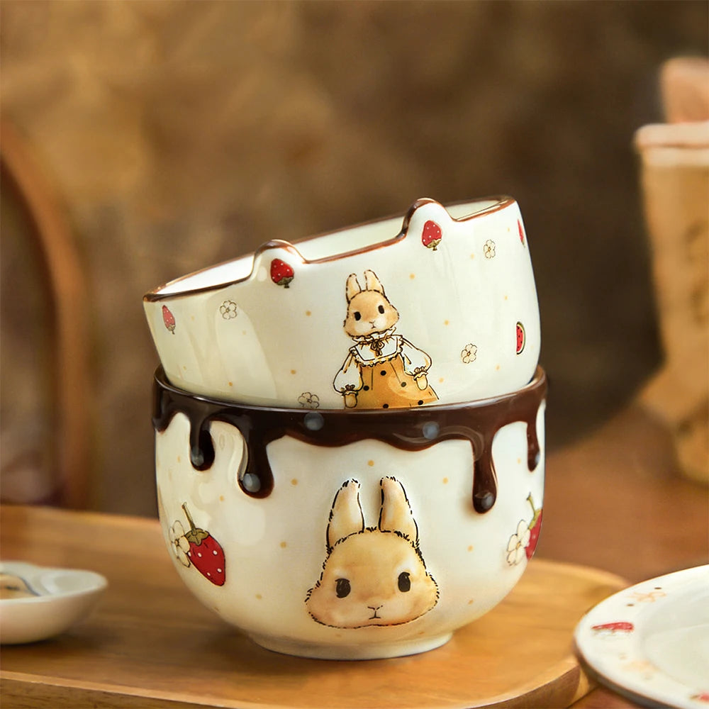 Two bunny shaped kawaii ramen bowls on top of each other