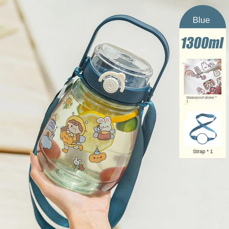 Clear kawaii water bottle with cartoon designs held by a hand, blue strap, and product details on the side.