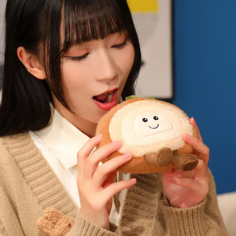 Person holding a kawaii plush toy resembling a sandwich with a face
