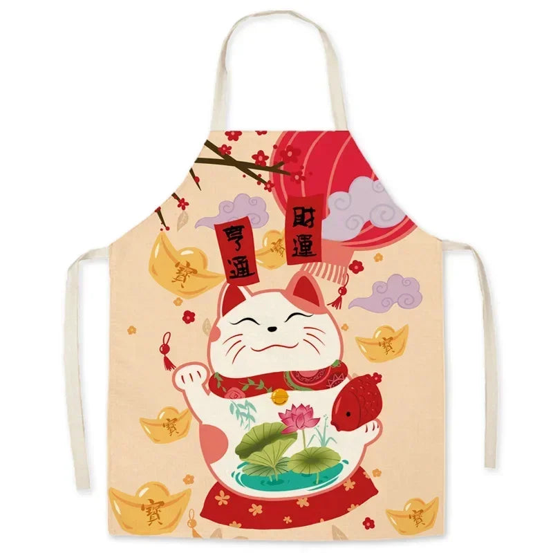 Kawaii apron with a cartoon cat design on a white background