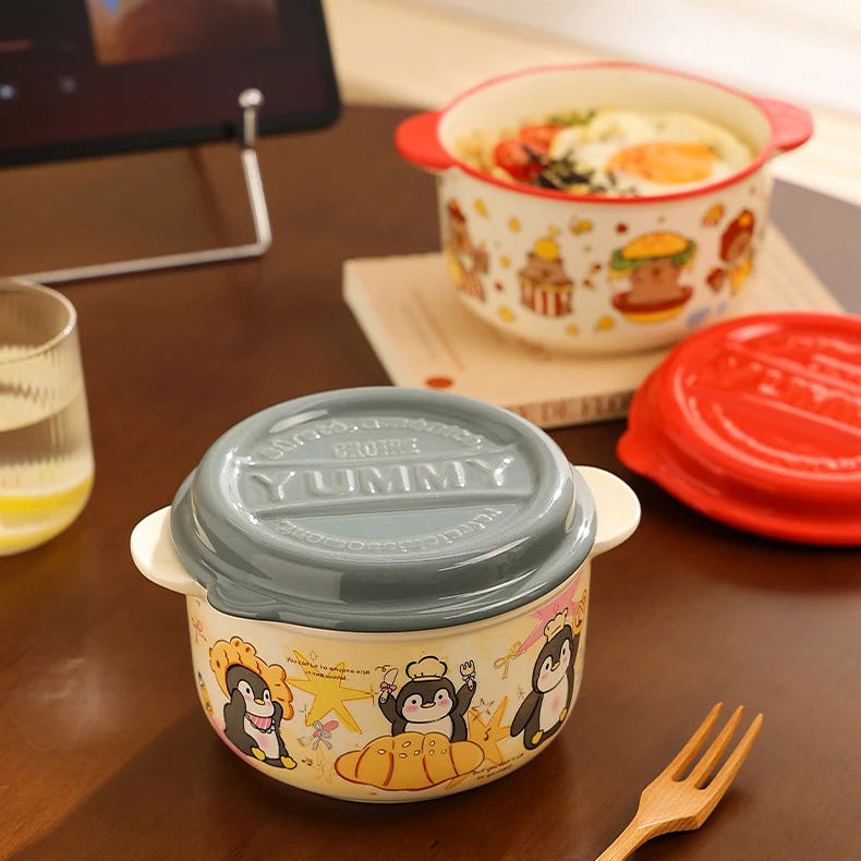 Yummy kawaii ramen bowls with cartoon designs on a wooden table with a tablet in the background