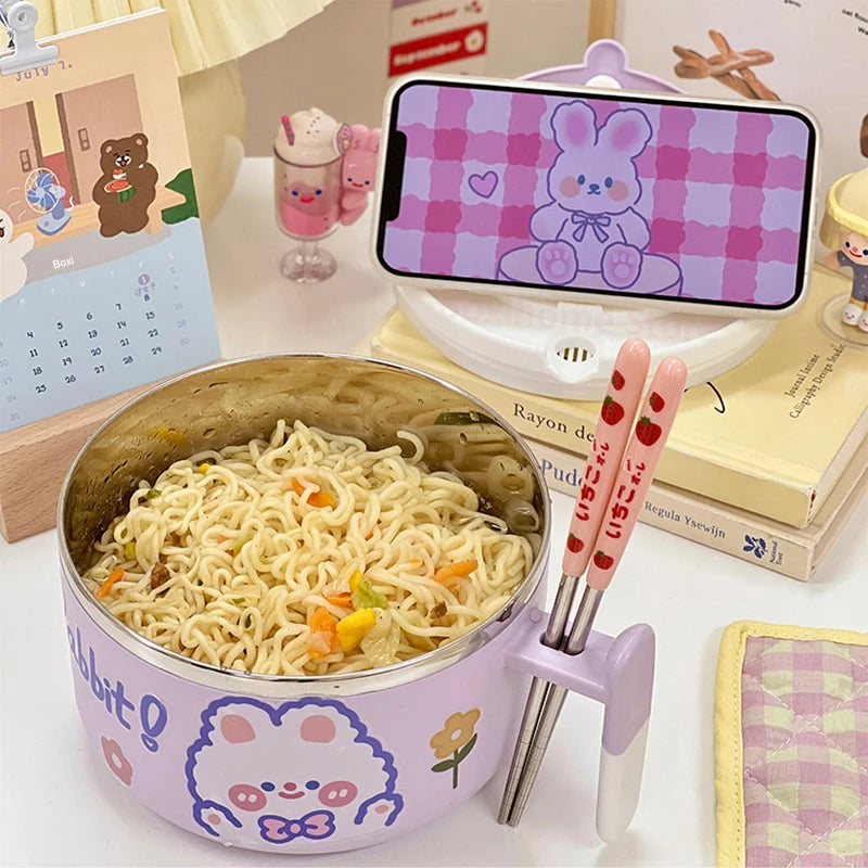 A purple rabbit themed kawaii ramen bowl on a table