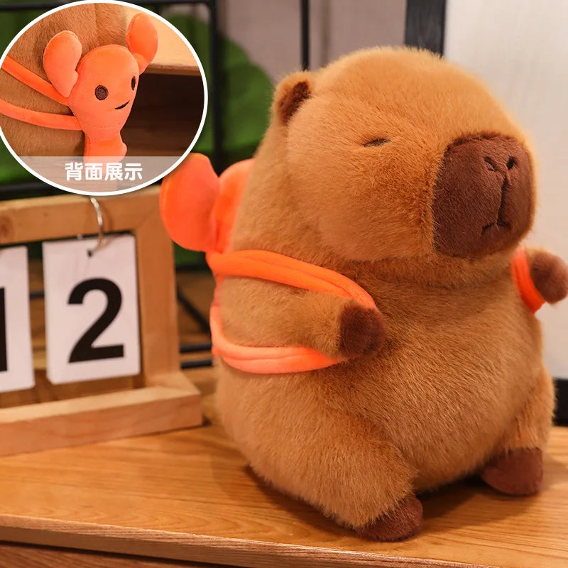 Kawaii plush toy bear with an orange strap on a wooden surface, with a close-up inset showing the strap.