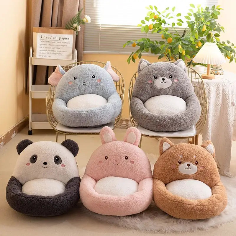 Set of four cute animal-shaped kawaii cushions on chairs in a room with plants and a lamp.