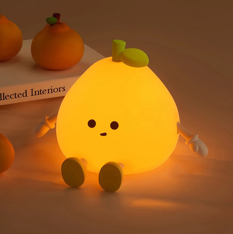 Cute lemon-shaped kawaii night light on a soft brown background