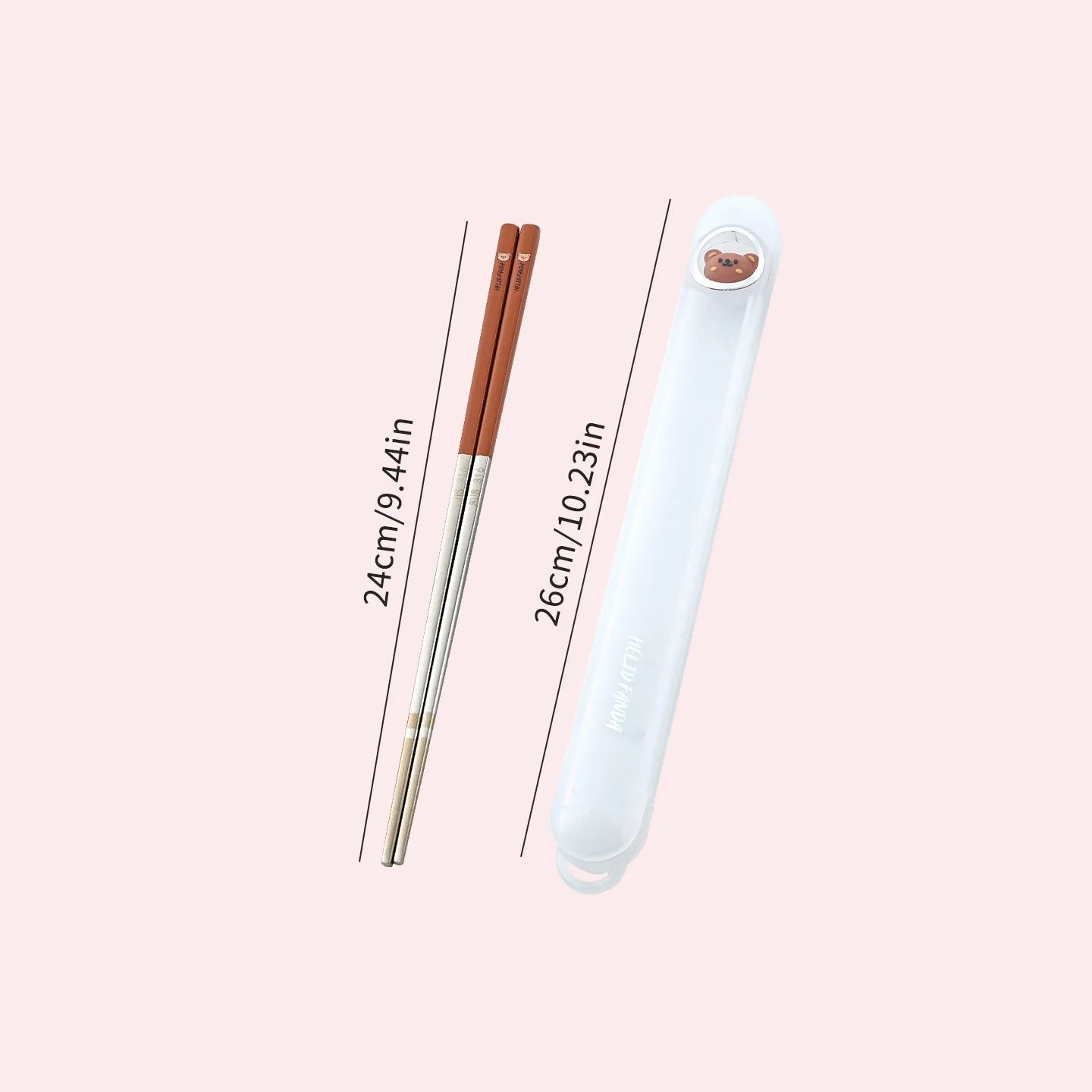 Kawaii chopsticks with a white case on a pink background, showing measurements.