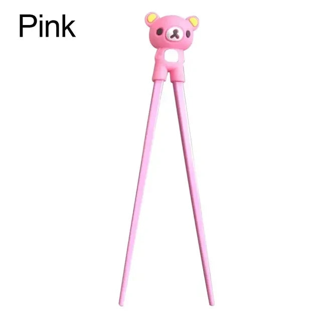 Pink cartoon-style kawaii chopsticks with a bear head design on a white background.