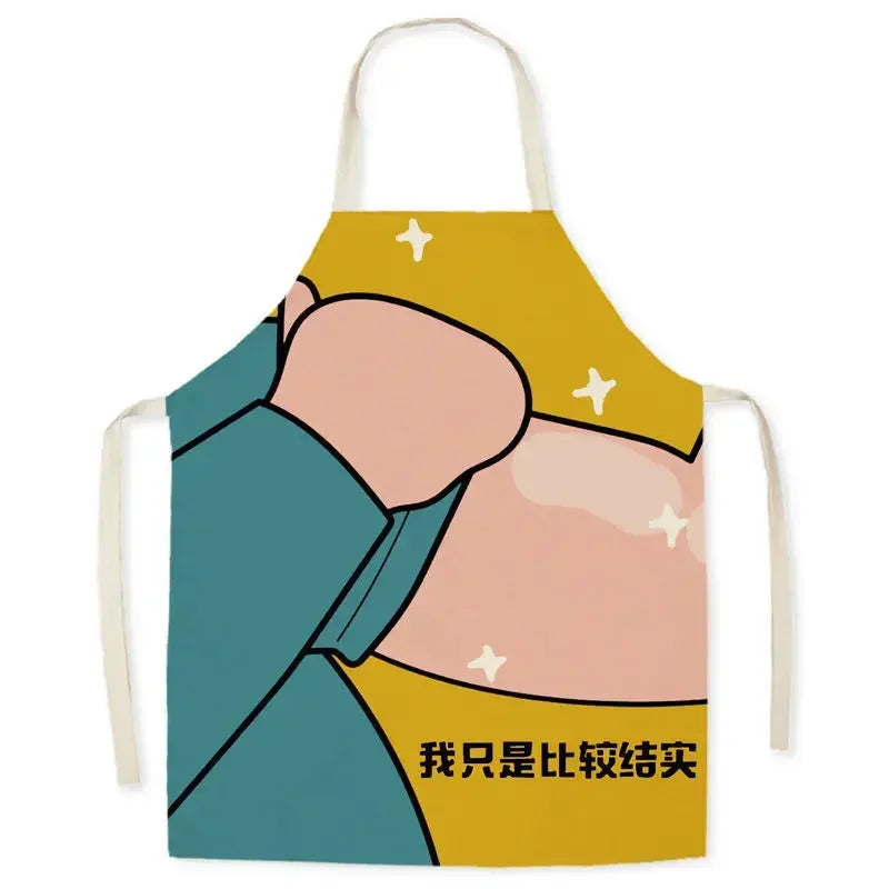 Kawaii apron with cartoon design and text on a white background