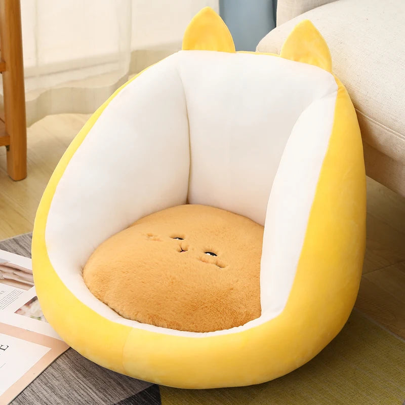 Yellow and white cat kawaii cushion on a floor with a blurred background