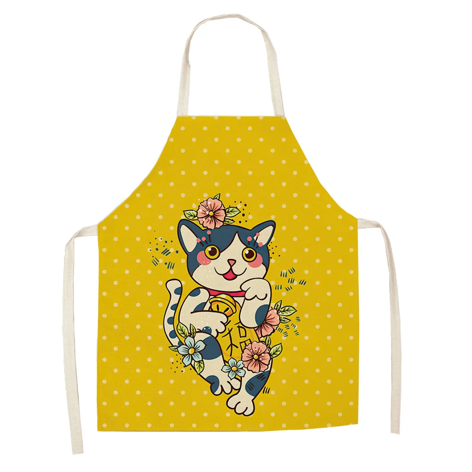 Yellow apron with a cat Kawaii design on a white background