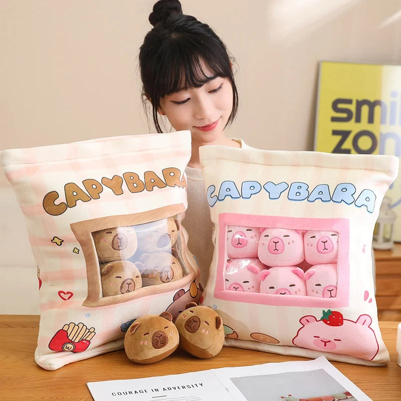 Woman holding two 'Capybara' themed kawaii pillows with cartoon designs.