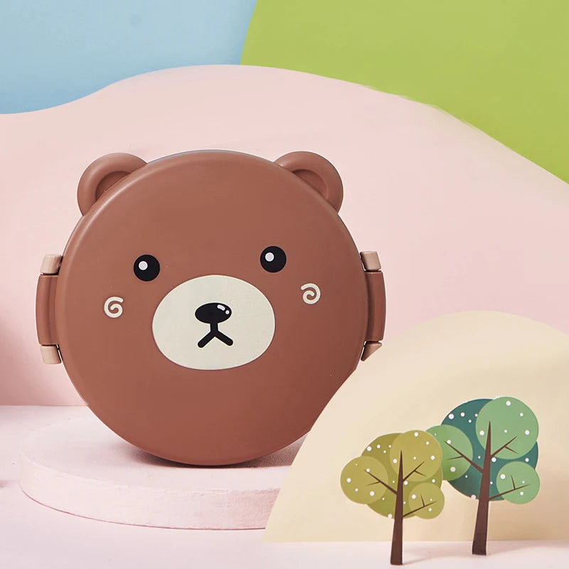 Cute brown bear-shaped kawaii food container on a colorful background