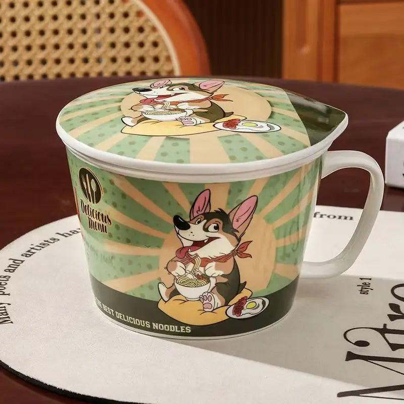 A dog themed kawaii ramen bowl on a table