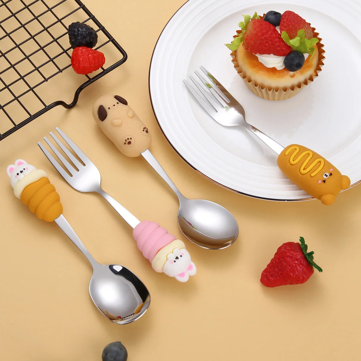 A set of cat and dog kawaii utensils in brown and pink