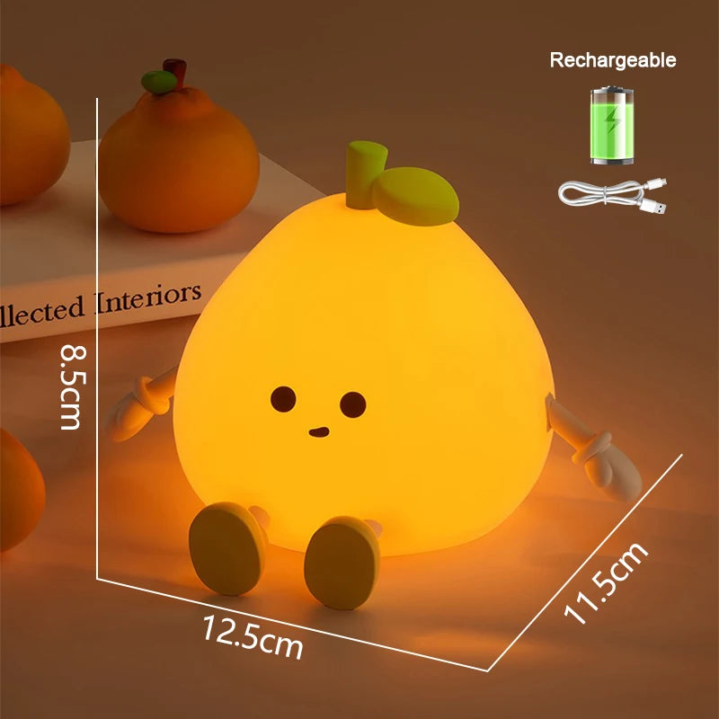 Cute lemon-shaped kawaii night light with dimensions and rechargeable feature on a brown background