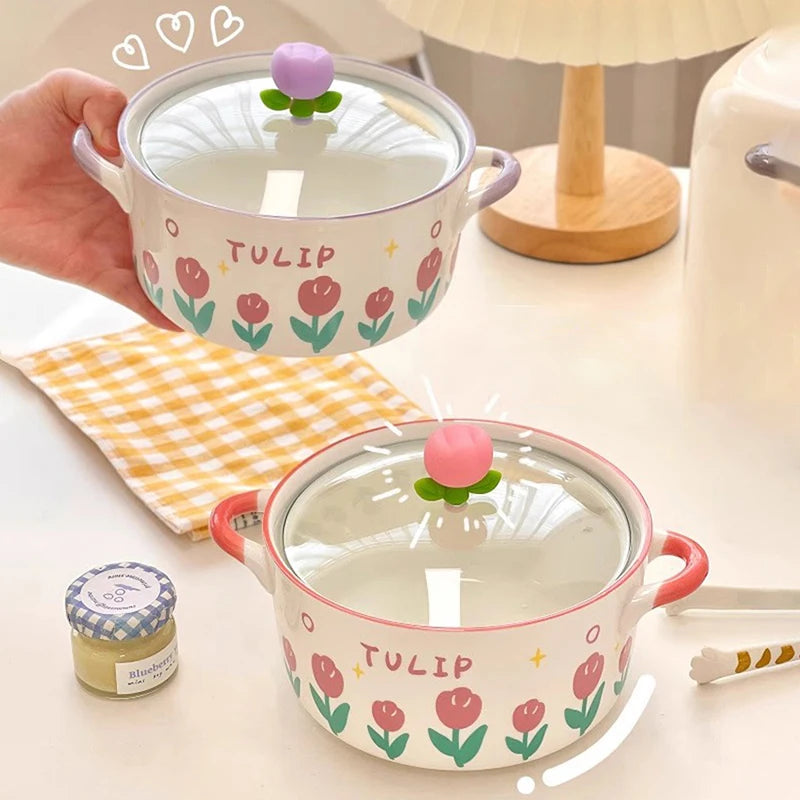 Two kawaii ramen bowls with tulip designs on them