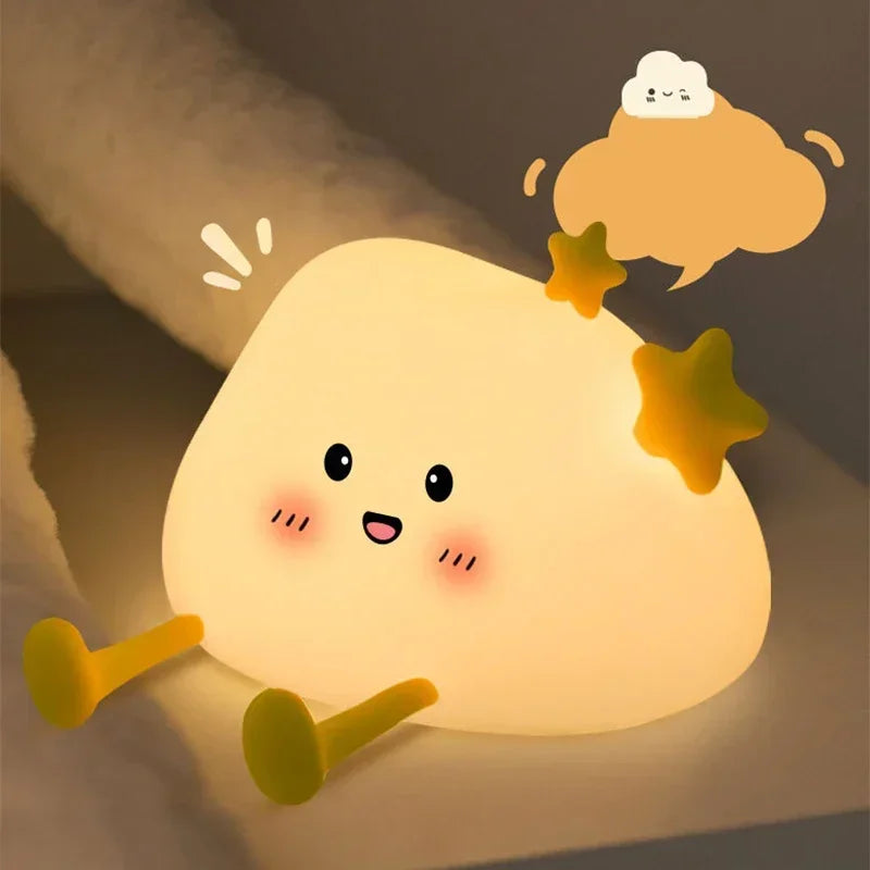 Cute cartoon-style kawaii night light with a smiling face and cloud on a dark background