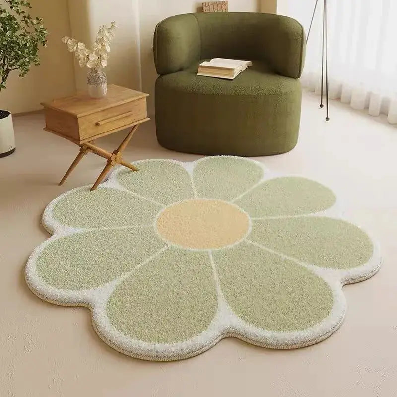 Flower-shaped green kawaii rug in a room with a green chair and wooden side table.