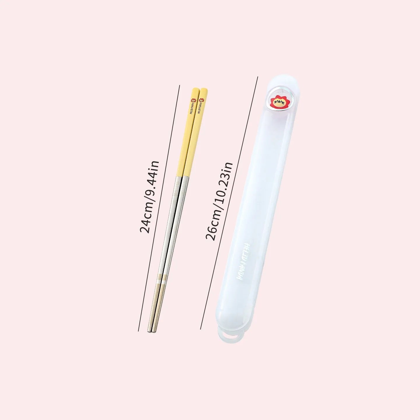 Set of gold kawaii chopsticks with a white case on a pink background