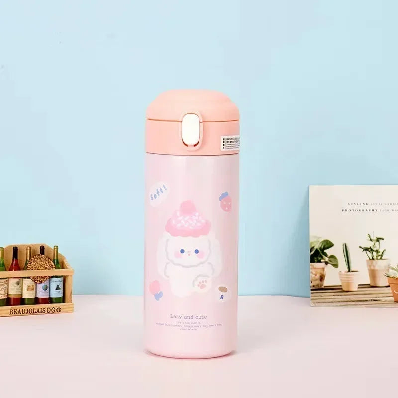 Pink kawaii water bottle with cartoon design on a light blue background