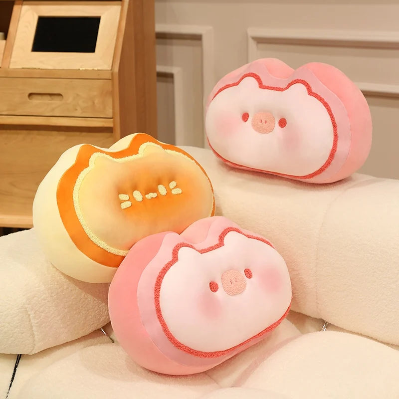 Two kawaii plush toys resembling fruits on a bed
