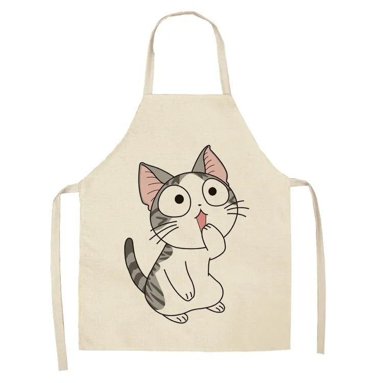 Beige kawaii apron with a cartoon cat design on a white background
