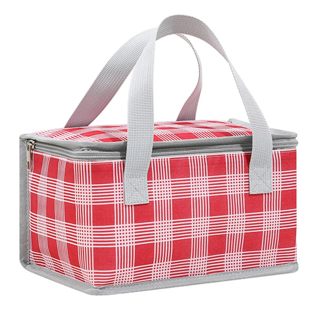 Red and white checkered kawaii lunch bag with gray handles on a white background