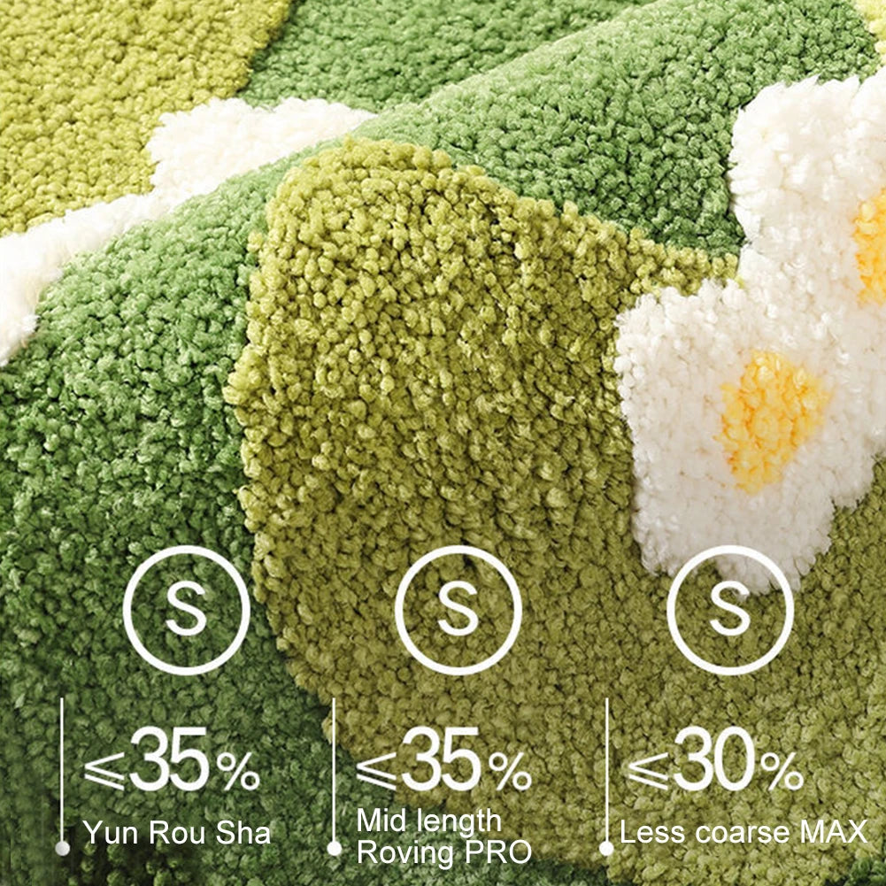 Close-up of textured green and white kawaii rug fabric with size labels and fiber content information.