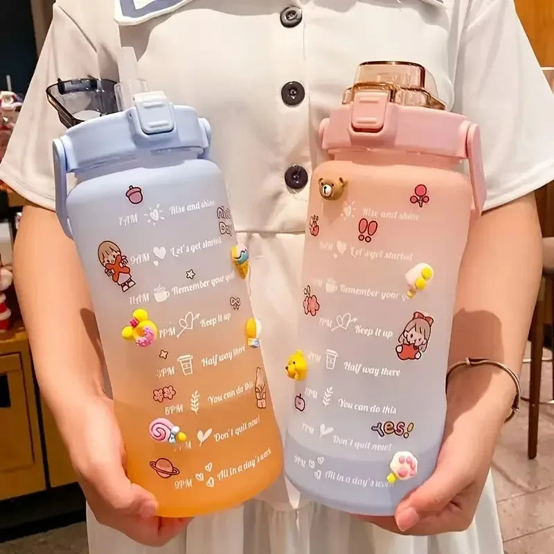 Two colorful kawaii water bottles held by a person, one blue and orange, the other pink and white.