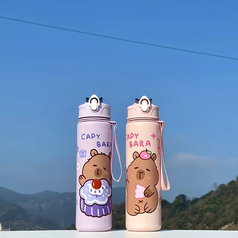 Two capybara-themed kawaii water bottles with bear designs against a blue sky.