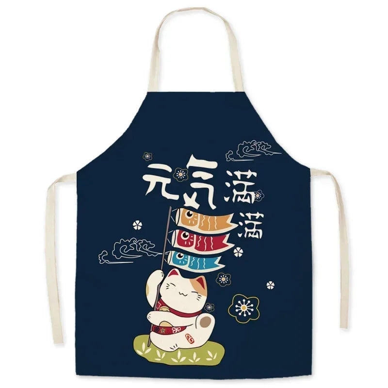 Navy blue kawaii apron with a cartoon cat and text design on a white background