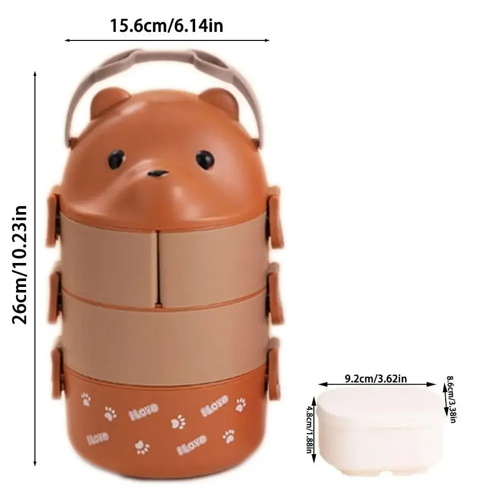 Cute animal-shaped kawaii bento box with measurements on a white background