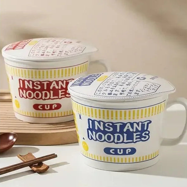Two ceramic instant noodle kawaii ramen bowls with lids on a white background