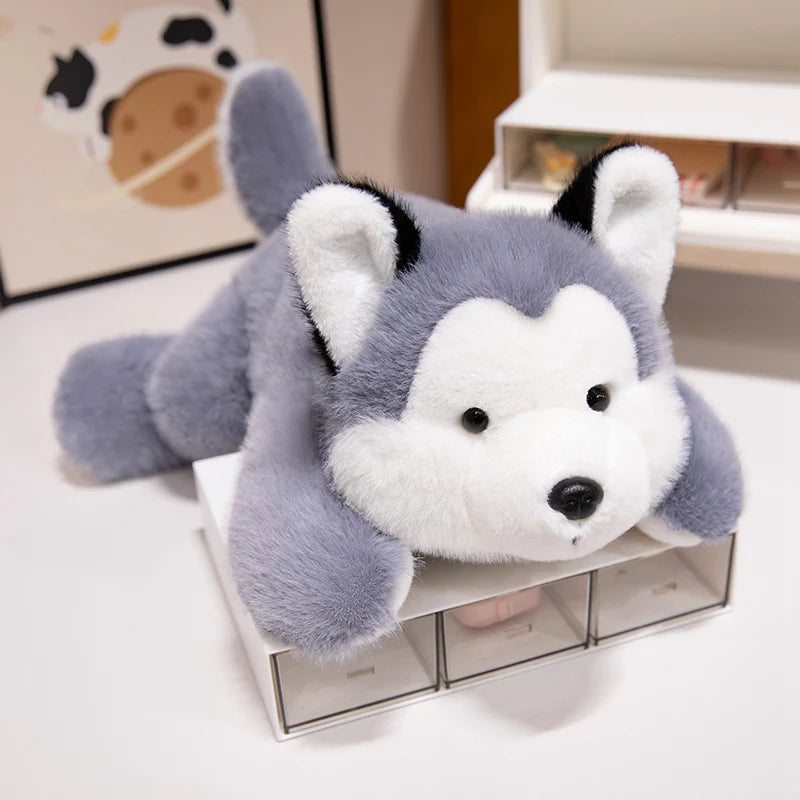 Kawaii plush toy husky on a clear stand with a blurred background