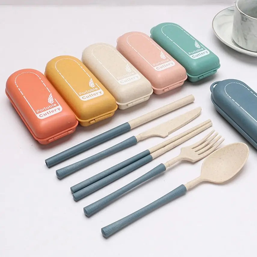 Foldable kawaii utensils set with colorful cases and utensils on a white background
