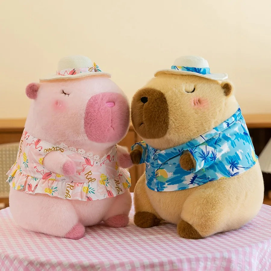 Two kawaii plush toys, a pink pig and a brown bear, sitting on a checkered surface with a light yellow background.