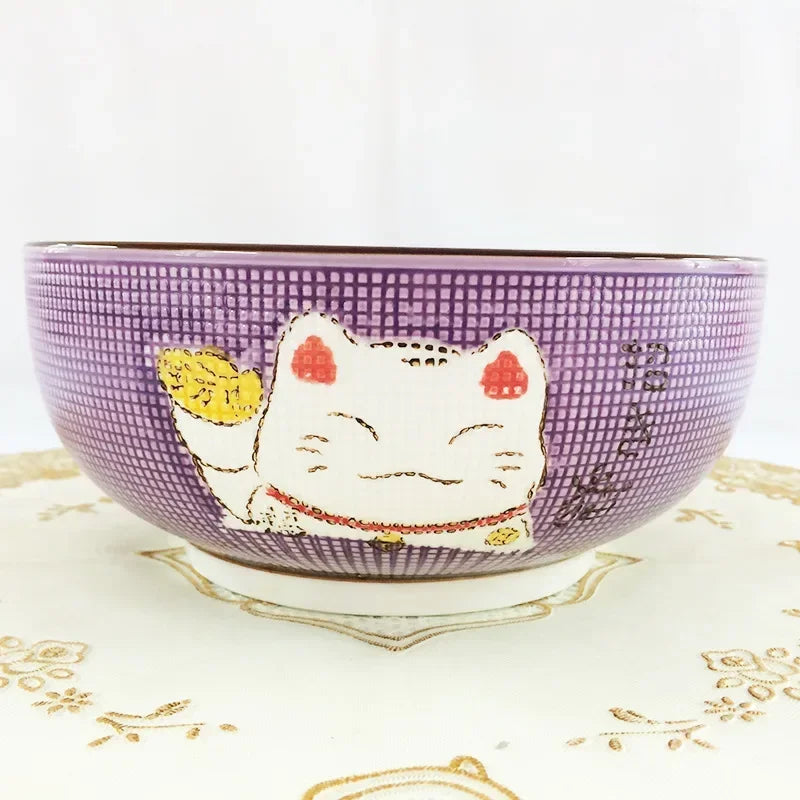 Purple kawaii bowl with a cat design on a decorative surface