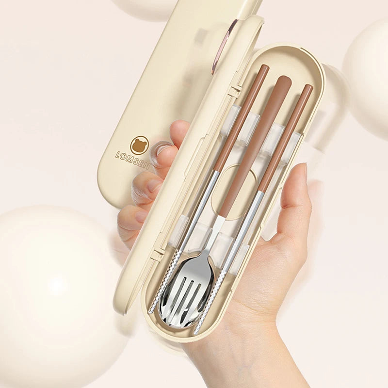 Set of kitchen kawaii utensils in a beige carrying case held by a hand on a light background